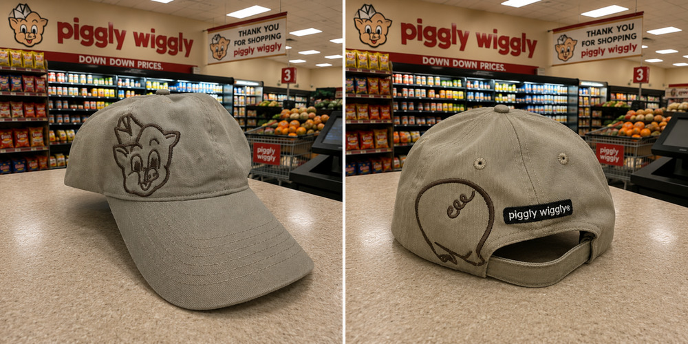 Piggly Wiggly Khaki Head Tail Adjustable Hat Embroidered Grocery Store Cap EUC